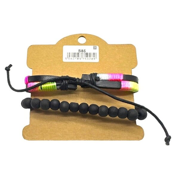 Whirlybird Bracelet Set Rainbow Color Black Leather Beaded Slider - Picture 2 of 2